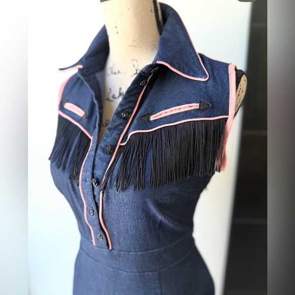 Unique Vintage western Dark Blue and Light Pink Fringe Midi Dress - Picture 2 of 3